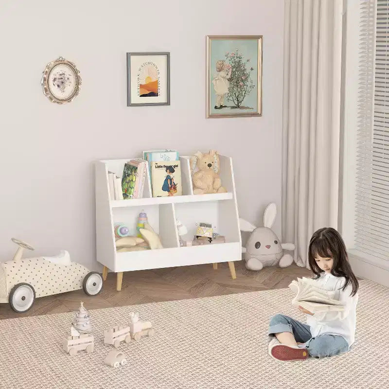 Modern Kids Bookshelf Toy Organizer, 2-Tier Storage Display Bookcase with 5 Cubbies, Open-Faced Bins, Christmas Birthday GIF
