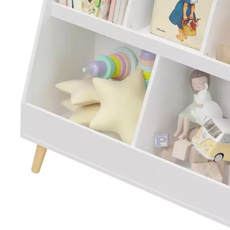 Modern Kids Bookshelf Toy Organizer, 2-Tier Storage Display Bookcase with 5 Cubbies, Open-Faced Bins, Christmas Birthday GIF