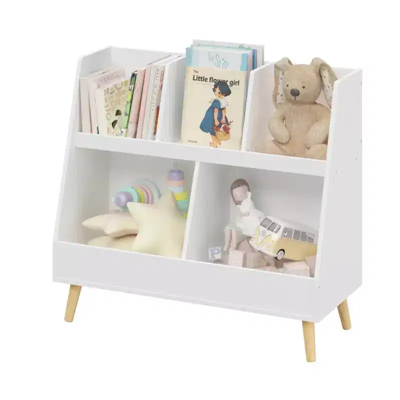 Modern Kids Bookshelf Toy Organizer, 2-Tier Storage Display Bookcase with 5 Cubbies, Open-Faced Bins, Christmas Birthday GIF