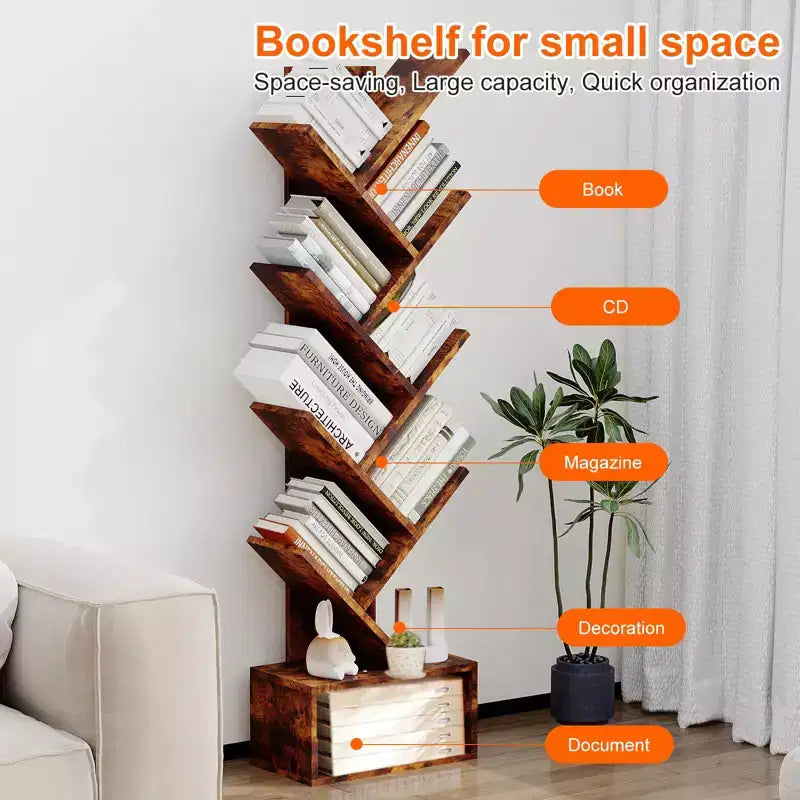 Bookshelf Storage & Tree Bookcase - 8-Tier Tall Organizer Shelf for Living Room, Bedroom, Home Office