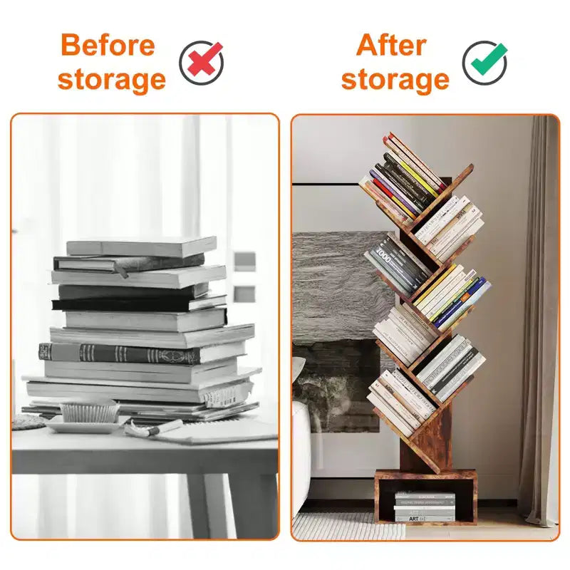 Bookshelf Storage & Tree Bookcase - 8-Tier Tall Organizer Shelf for Living Room, Bedroom, Home Office