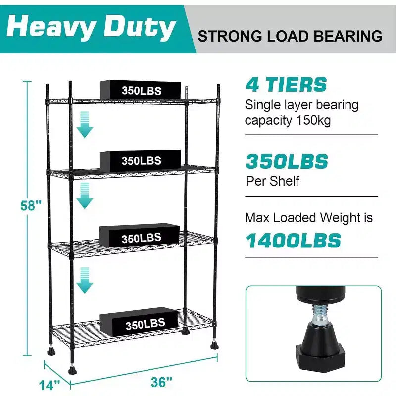4-Tier Adjustable Heavy Duty Steel Wire Shelving Unit, Rust-Resistant Organizer for Kitchen, Garage, Pantry, 36 L x 14 W x 54 H