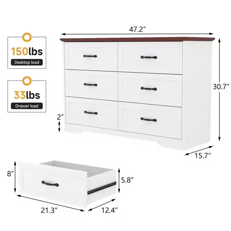 Farmhouse Wooden Chest of Drawers Tall Dresser with Wide Metal Handles, Storage for Bedroom & Living Room
