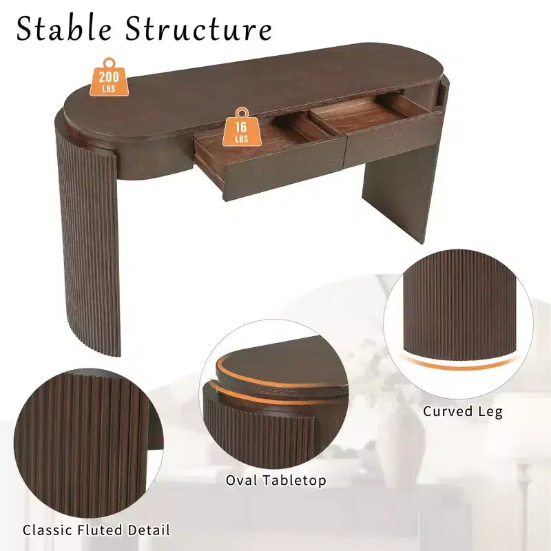 Modern Oval-Top Console Table with Fluted Curved Legs & Dual Hidden Drawers