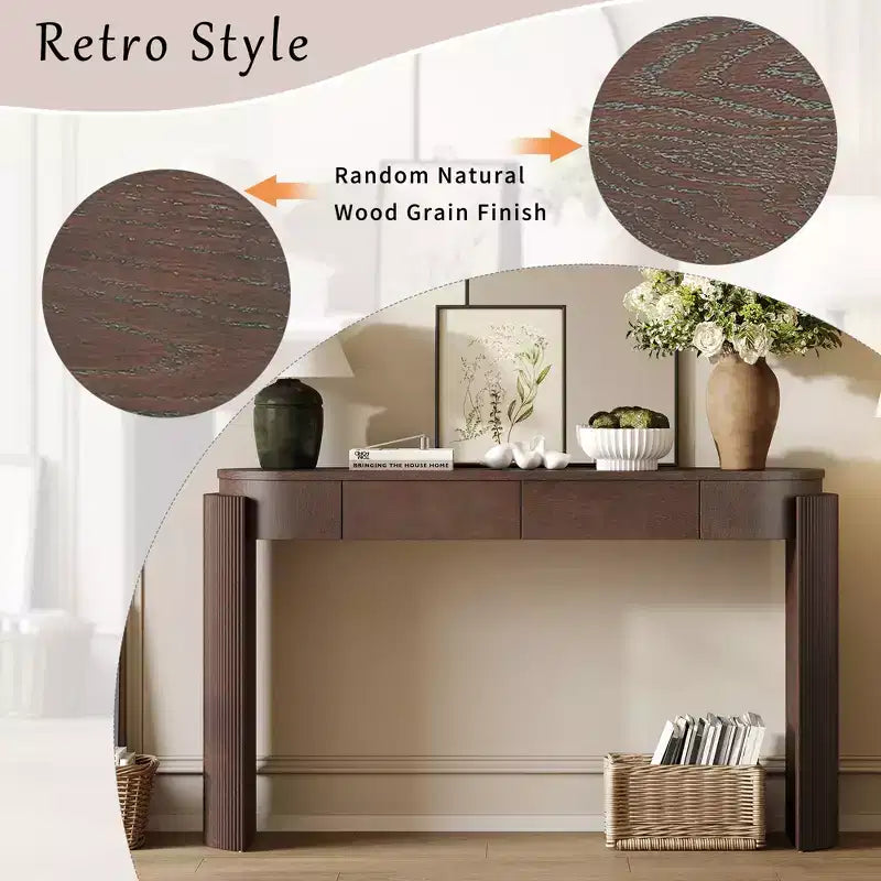 Modern Oval-Top Console Table with Fluted Curved Legs & Dual Hidden Drawers