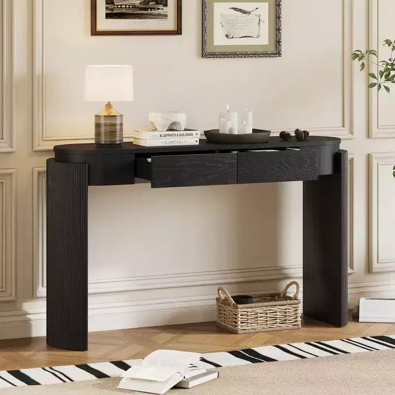 Modern Oval-Top Console Table with Fluted Curved Legs & Dual Hidden Drawers
