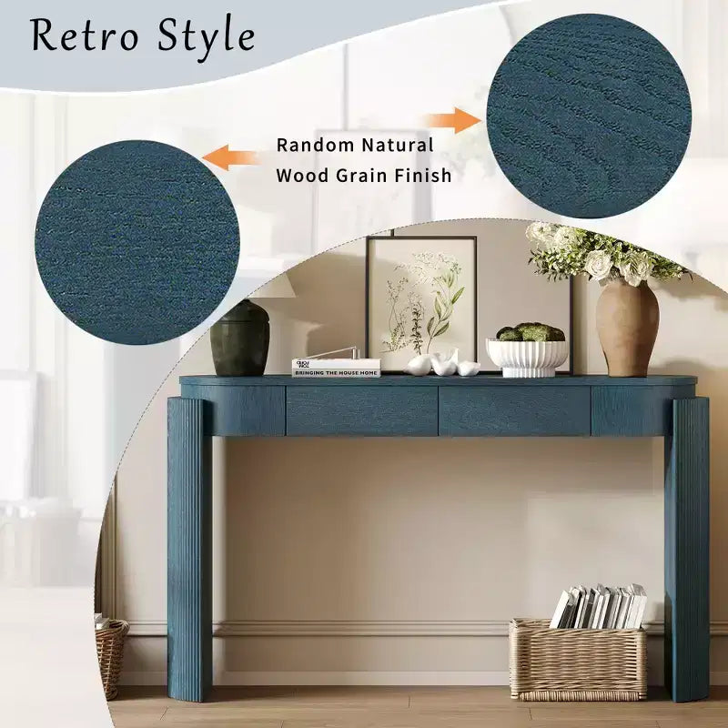 Modern Oval-Top Console Table with Fluted Curved Legs & Dual Hidden Drawers