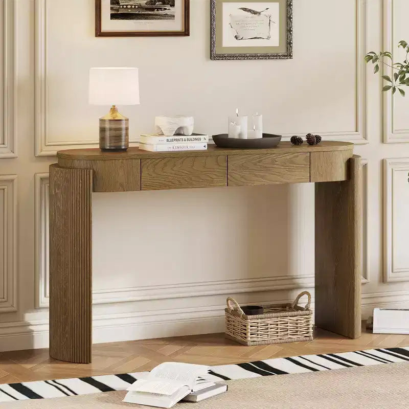 Modern Oval-Top Console Table with Fluted Curved Legs & Dual Hidden Drawers