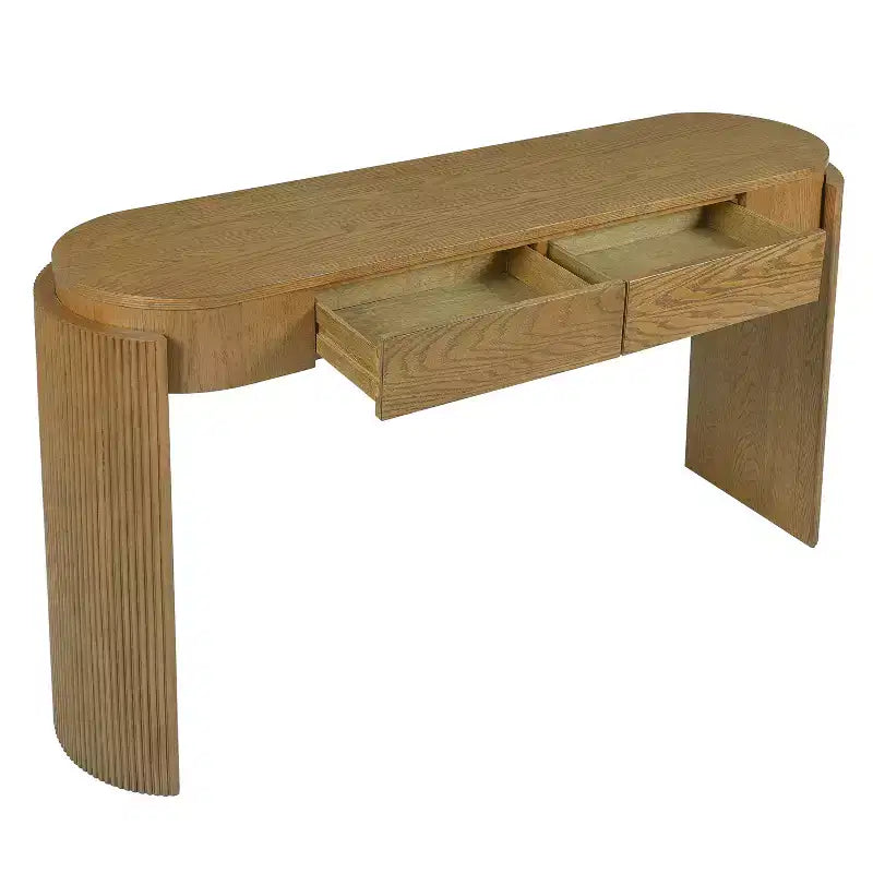Modern Oval-Top Console Table with Fluted Curved Legs & Dual Hidden Drawers