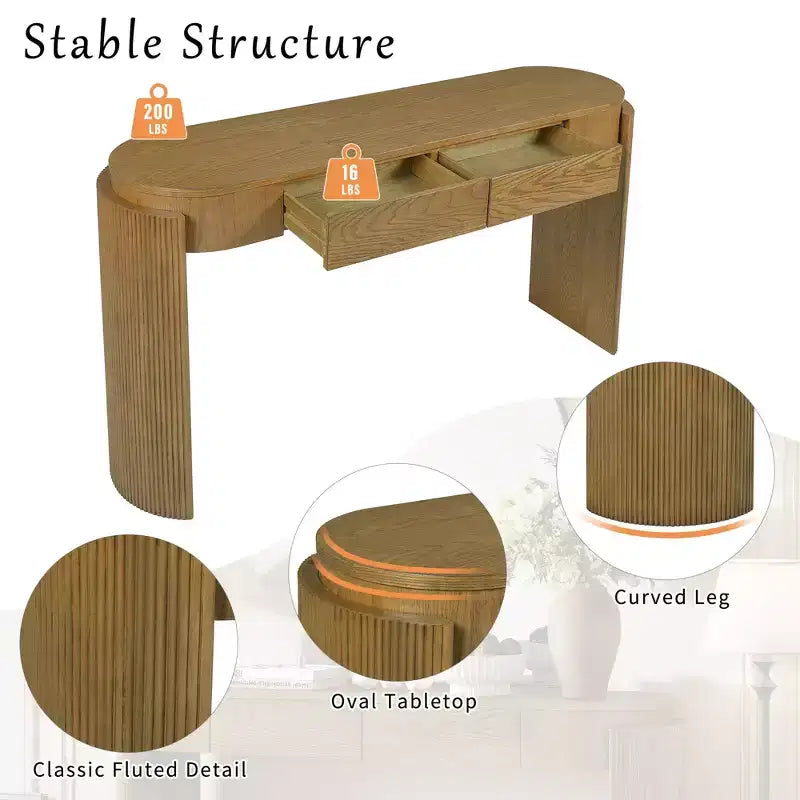 Modern Oval-Top Console Table with Fluted Curved Legs & Dual Hidden Drawers