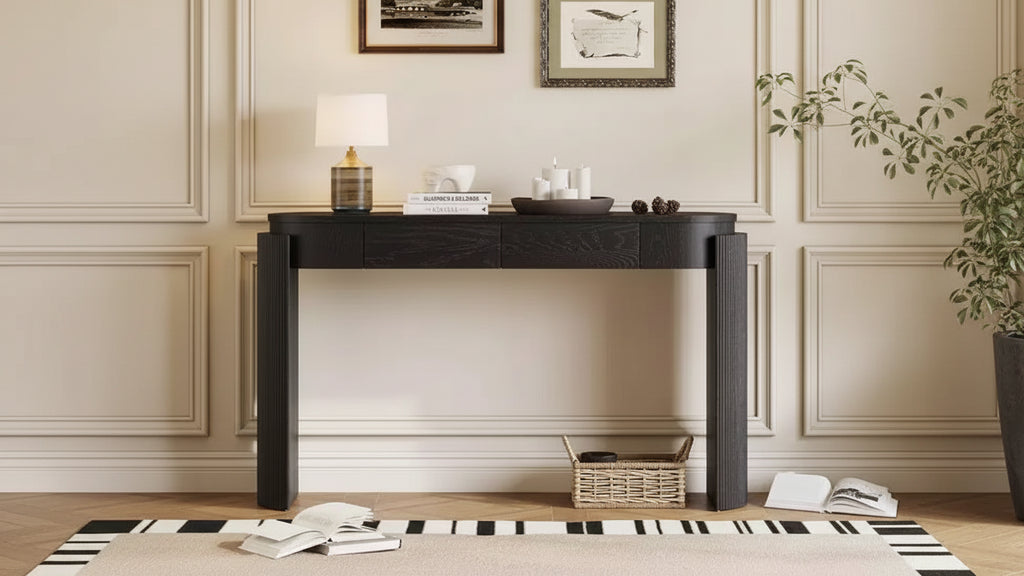 Merax Modern Oval-Top Console Table with Fluted Curved Legs & Dual Hidden Drawers