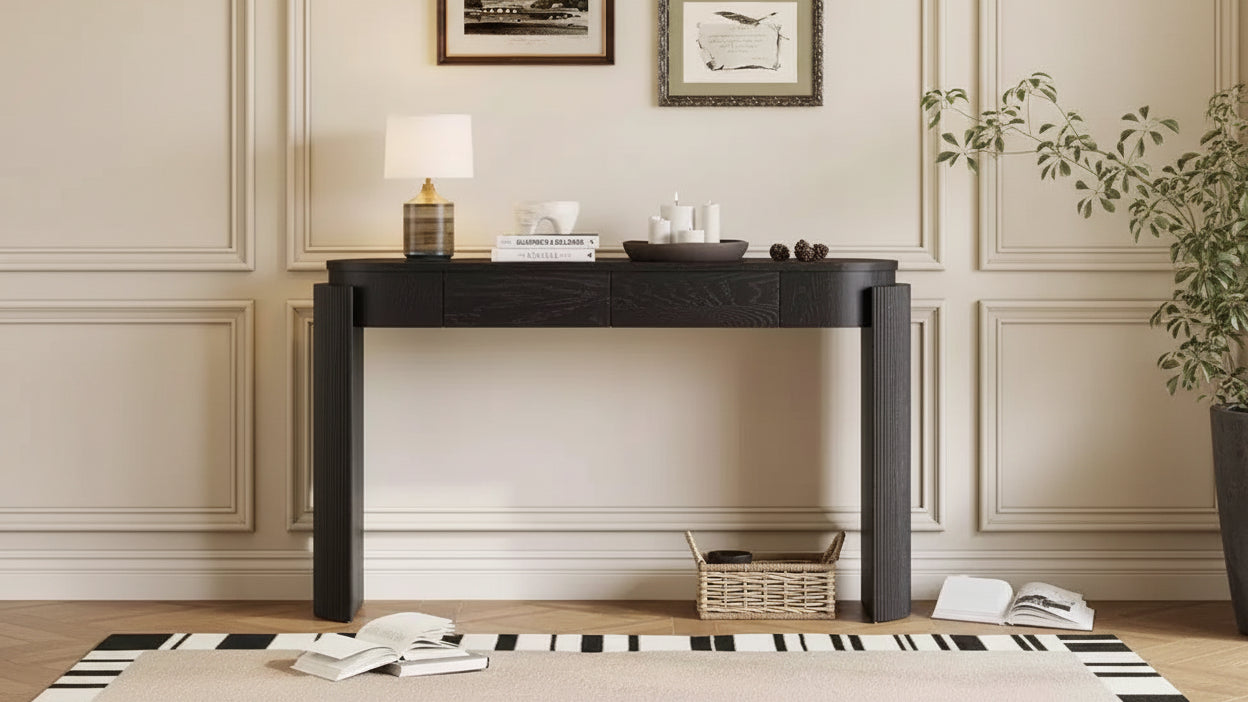 Merax Modern Oval-Top Console Table with Fluted Curved Legs & Dual Hidden Drawers