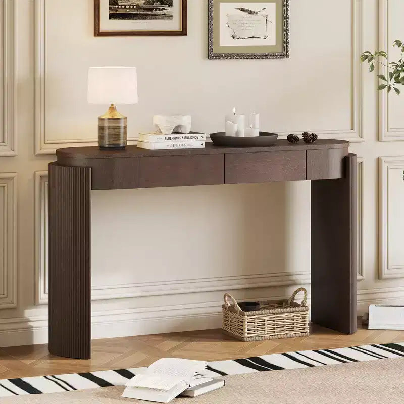 Modern Oval-Top Console Table with Fluted Curved Legs & Dual Hidden Drawers