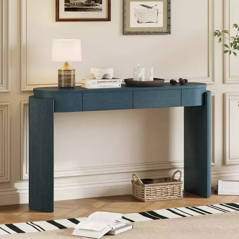 Modern Oval-Top Console Table with Fluted Curved Legs & Dual Hidden Drawers
