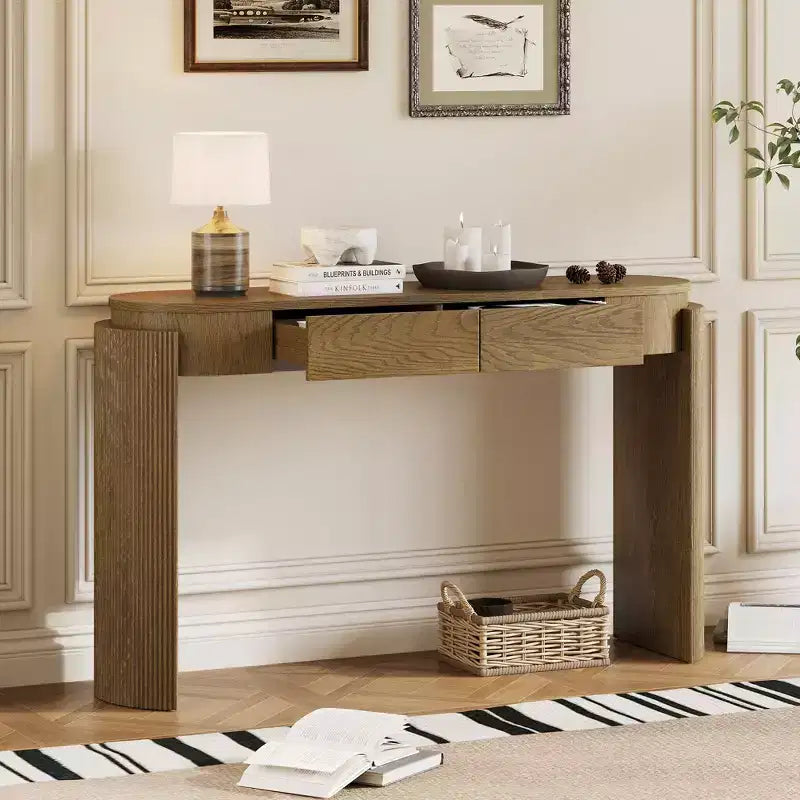 Modern Oval-Top Console Table with Fluted Curved Legs & Dual Hidden Drawers