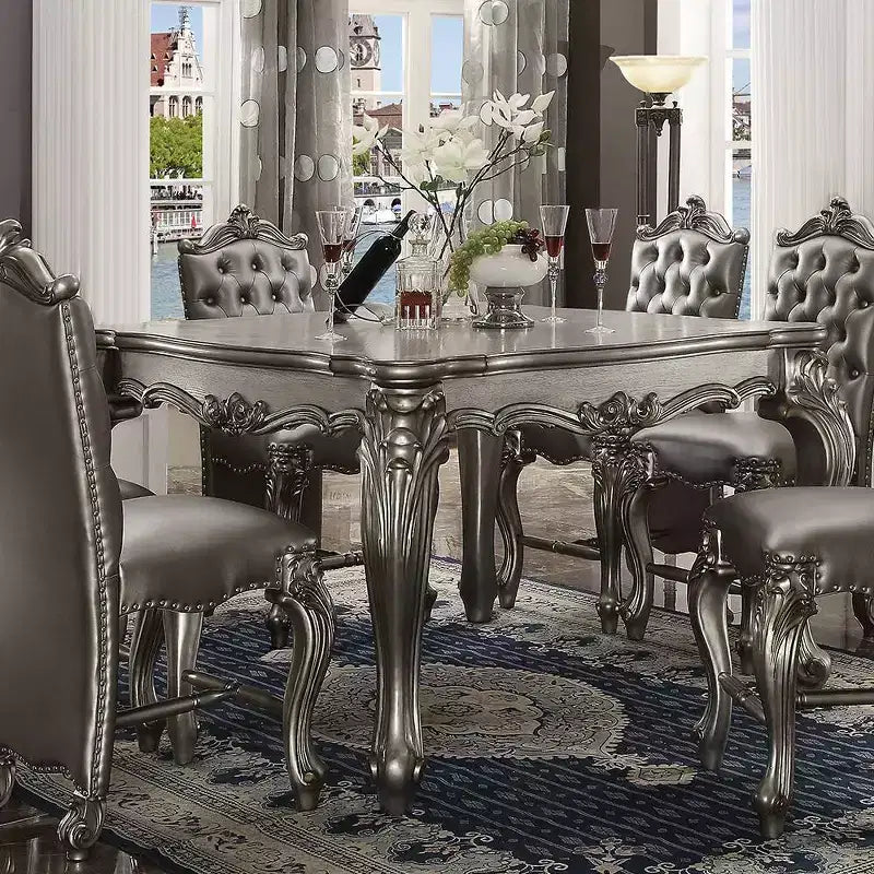 55" Versailles Dining Table Antique Platinum -: Traditional Style, Scrolled Feet, Nailhead Trim, Wood Frame