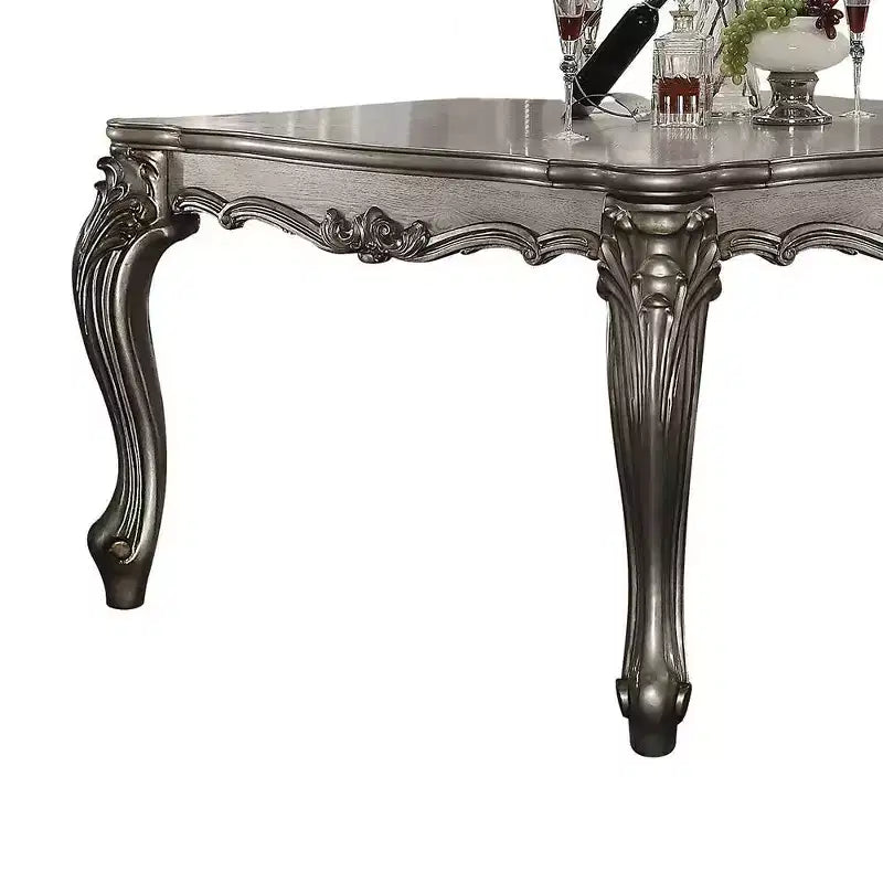 55" Versailles Dining Table Antique Platinum -: Traditional Style, Scrolled Feet, Nailhead Trim, Wood Frame