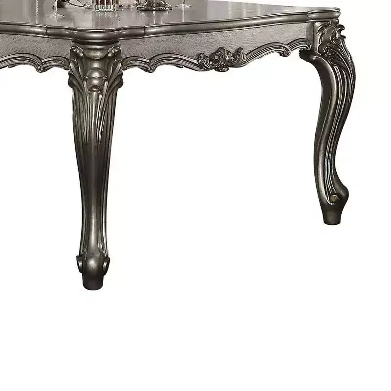 55" Versailles Dining Table Antique Platinum -: Traditional Style, Scrolled Feet, Nailhead Trim, Wood Frame