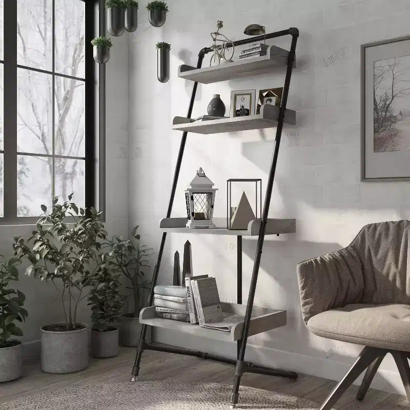 70.86" Ladder Display Shelf Vintage Gray Oak: Industrial Style, 4-Tier Storage