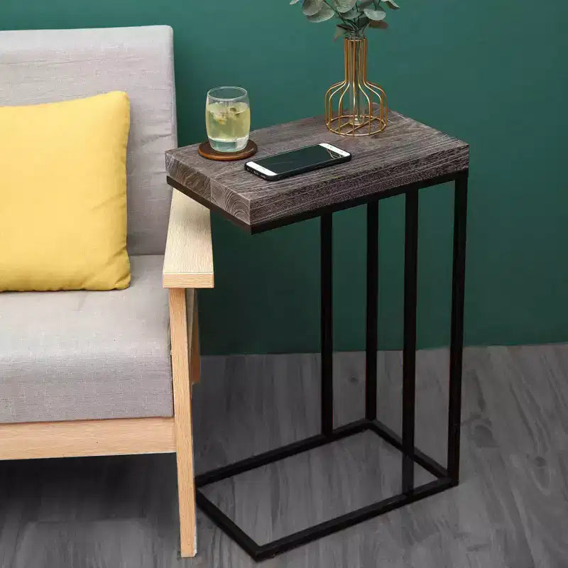 C Shaped End Table Metal Frame Rustic Brown -: Slide Under Sofa, Snack & Lamp Stand