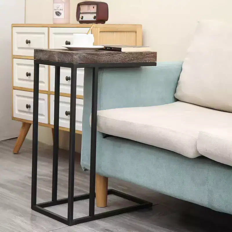 C Shaped End Table Metal Frame Rustic Brown -: Slide Under Sofa, Snack & Lamp Stand