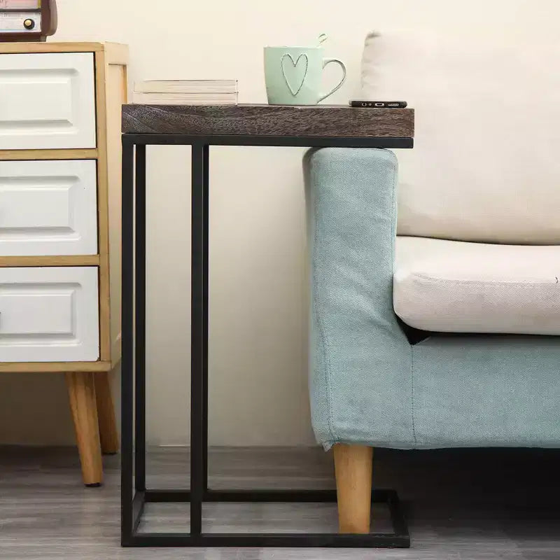 C Shaped End Table Metal Frame Rustic Brown -: Slide Under Sofa, Snack & Lamp Stand
