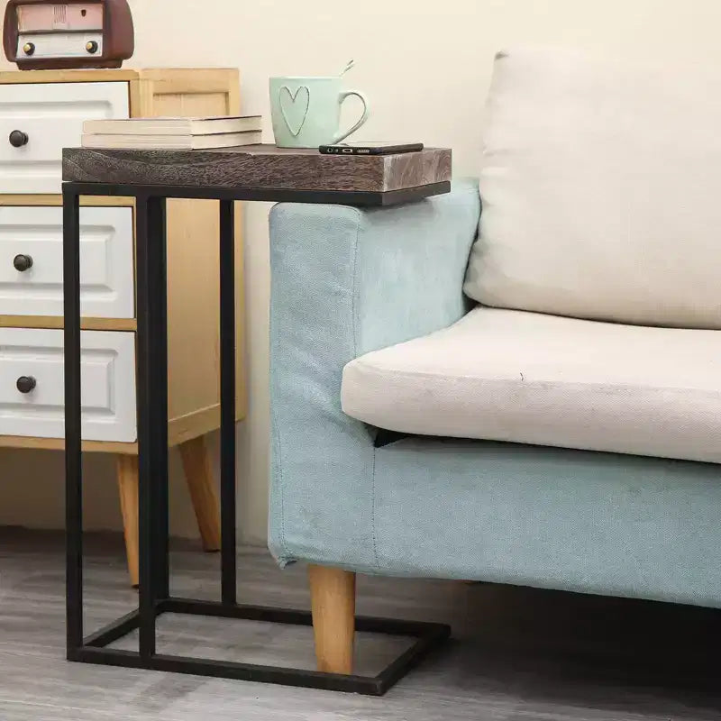 C Shaped End Table Metal Frame Rustic Brown -: Slide Under Sofa, Snack & Lamp Stand