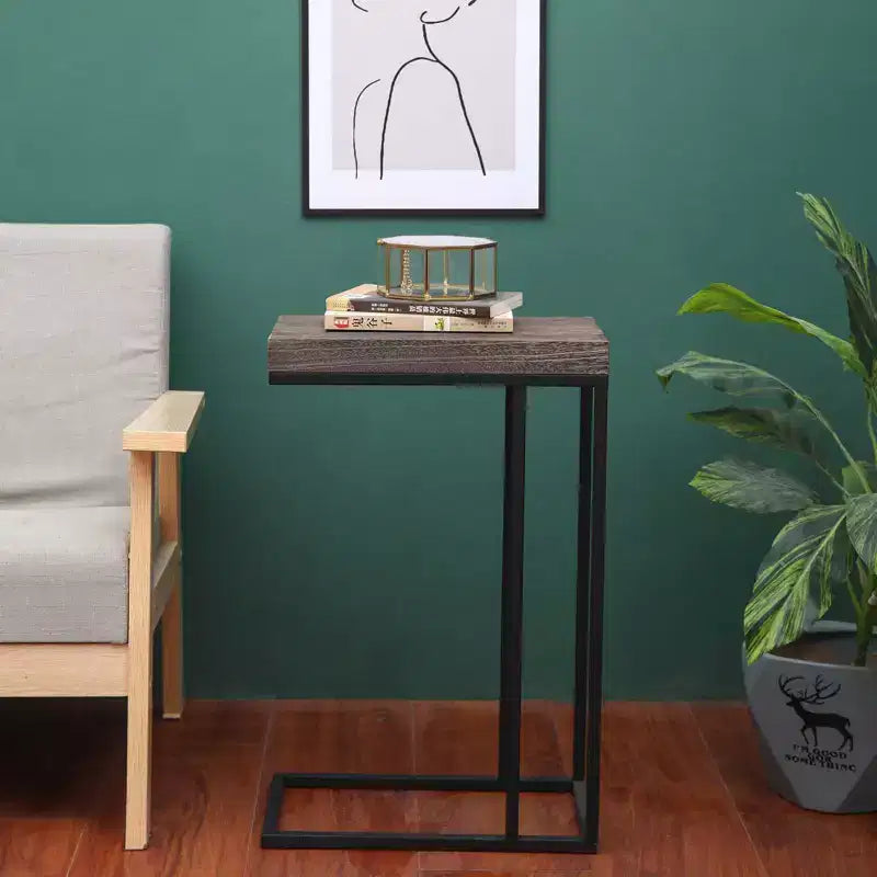 C Shaped End Table Metal Frame Rustic Brown -: Slide Under Sofa, Snack & Lamp Stand
