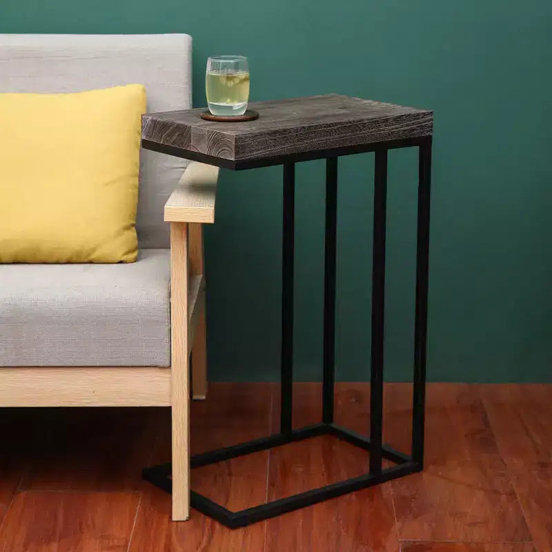 C Shaped End Table Metal Frame Rustic Brown -: Slide Under Sofa, Snack & Lamp Stand