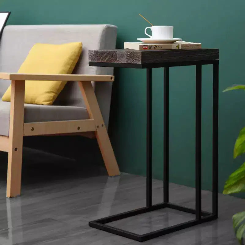 C Shaped End Table Metal Frame Rustic Brown -: Slide Under Sofa, Snack & Lamp Stand