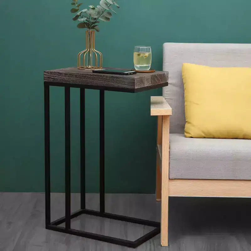 C Shaped End Table Metal Frame Rustic Brown -: Slide Under Sofa, Snack & Lamp Stand
