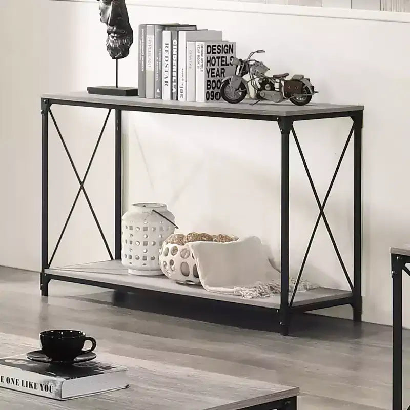 Lower Shelf Sofa Table Black/Gray -: Industrial Style, Metal Frame, Storage Shelf