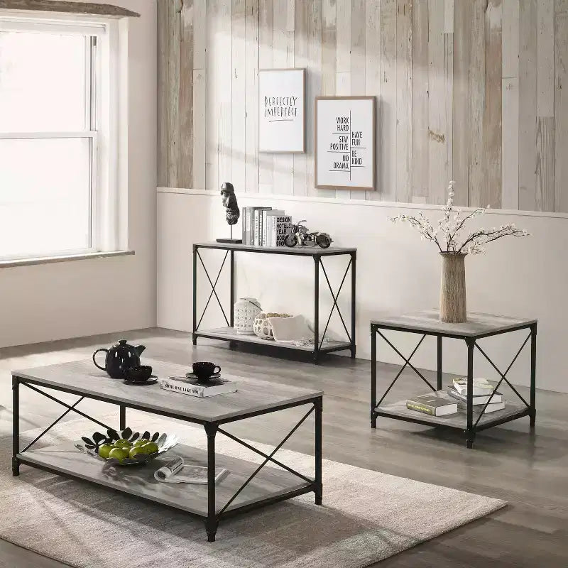 Lower Shelf Sofa Table Black/Gray -: Industrial Style, Metal Frame, Storage Shelf