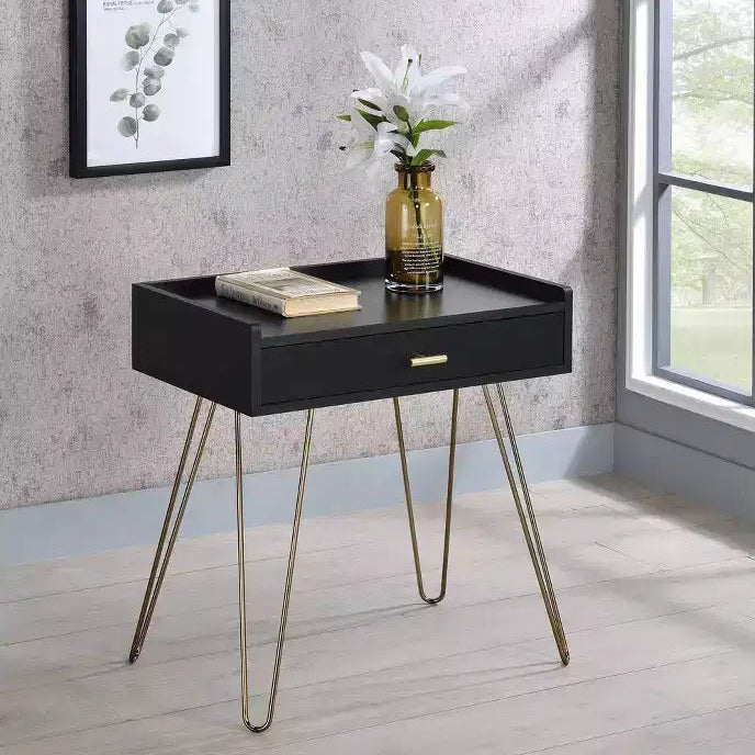 23.5" Mid-Century Accent Table Black -: Copper Chrome Legs, Storage Drawer