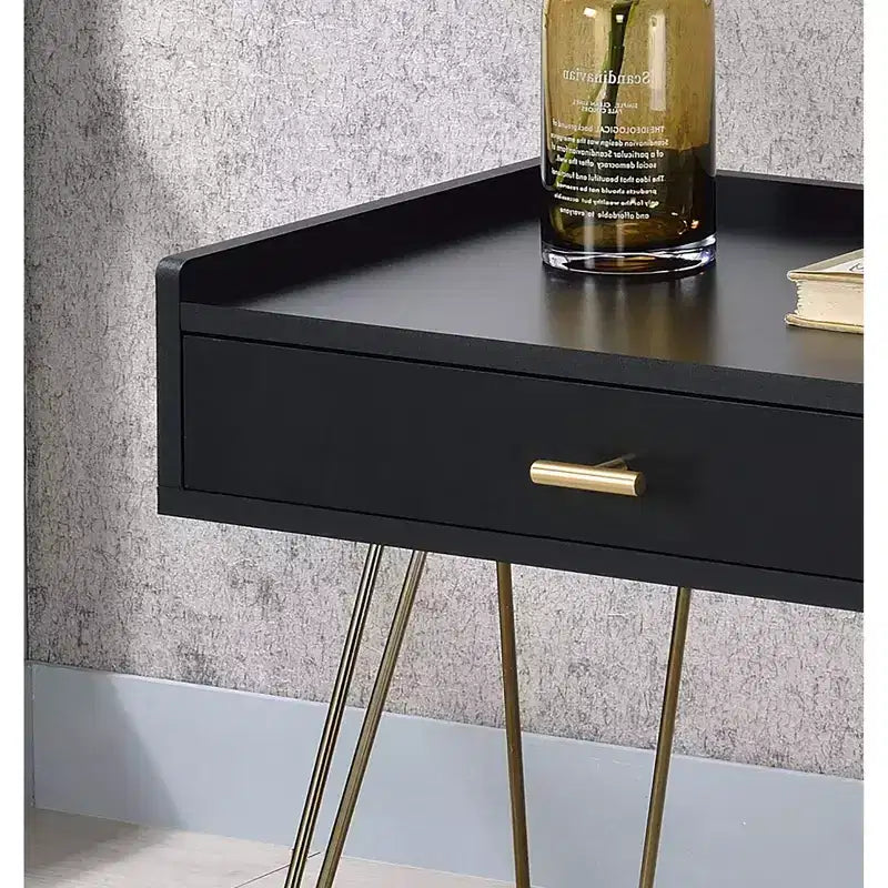 23.5" Mid-Century Accent Table Black -: Copper Chrome Legs, Storage Drawer
