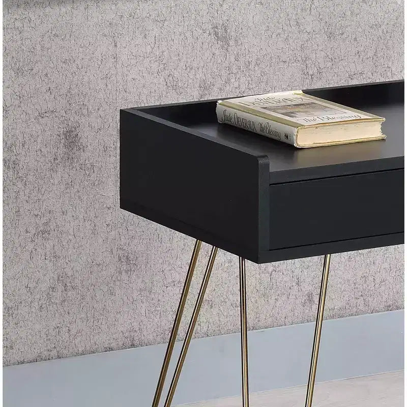 23.5" Mid-Century Accent Table Black -: Copper Chrome Legs, Storage Drawer