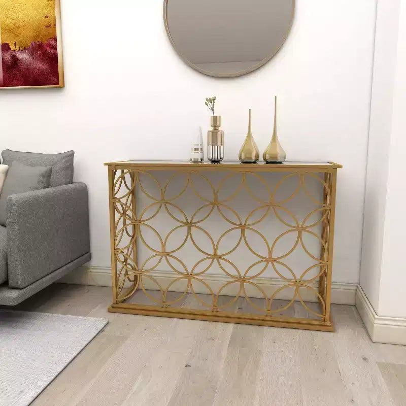 & May Rectangular Traditional Modern Metal Console Table Gold: Elegant Foyer, Entrance, Narrow Design