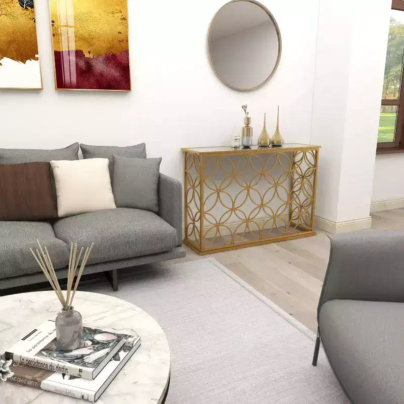 & May Rectangular Traditional Modern Metal Console Table Gold: Elegant Foyer, Entrance, Narrow Design