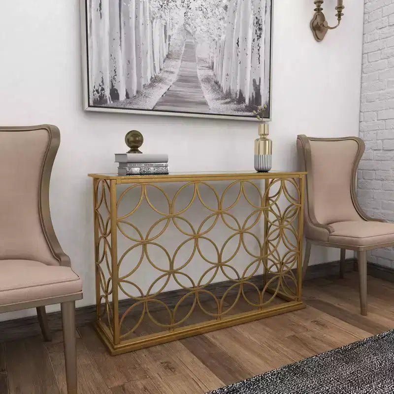 & May Rectangular Traditional Modern Metal Console Table Gold: Elegant Foyer, Entrance, Narrow Design