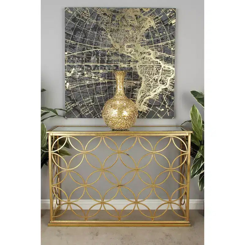 & May Rectangular Traditional Modern Metal Console Table Gold: Elegant Foyer, Entrance, Narrow Design