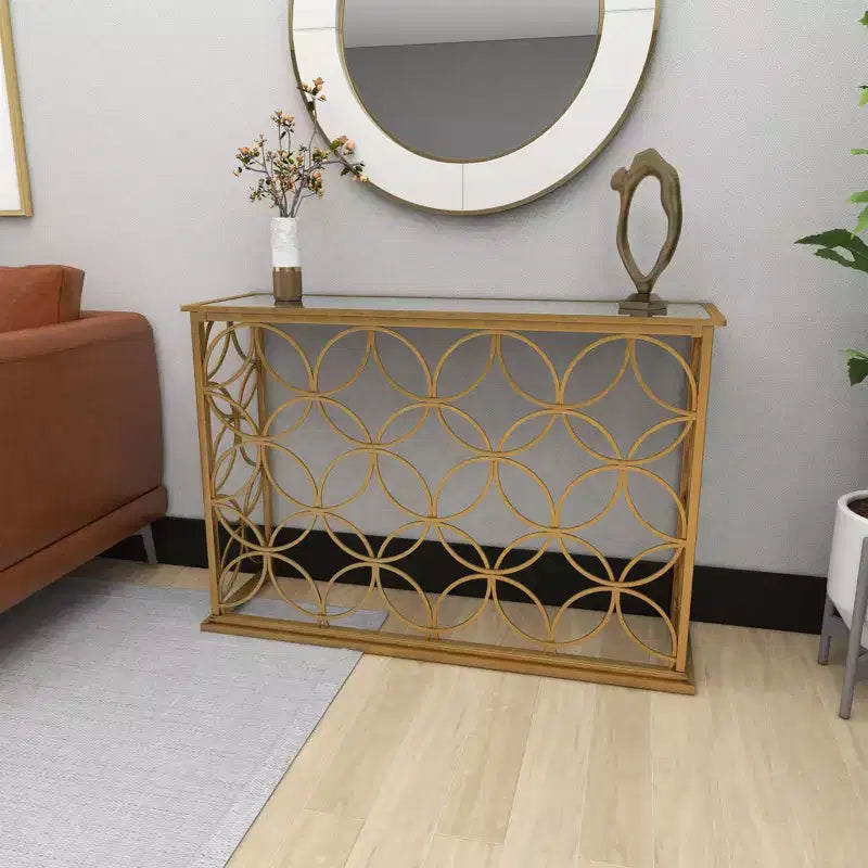 & May Rectangular Traditional Modern Metal Console Table Gold: Elegant Foyer, Entrance, Narrow Design