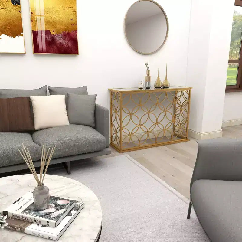 & May Rectangular Traditional Modern Metal Console Table Gold: Elegant Foyer, Entrance, Narrow Design