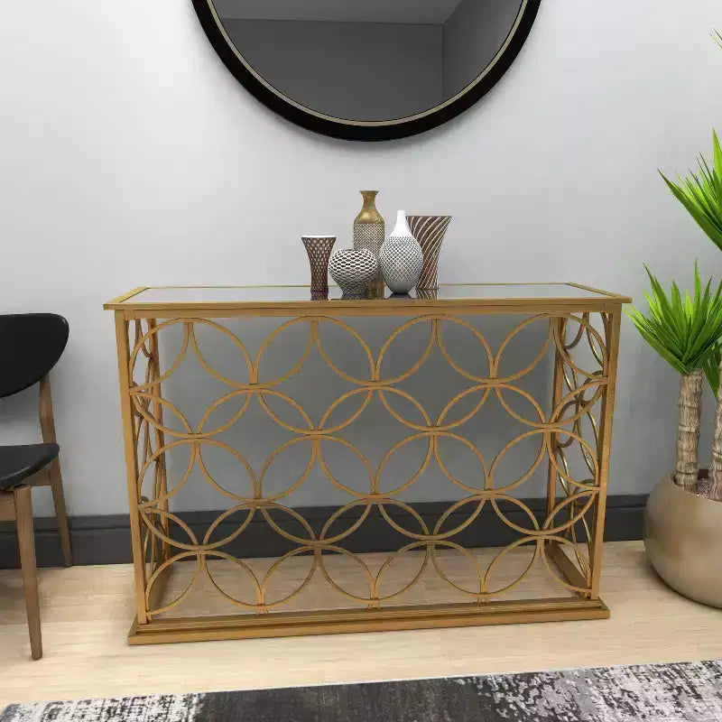 & May Rectangular Traditional Modern Metal Console Table Gold: Elegant Foyer, Entrance, Narrow Design