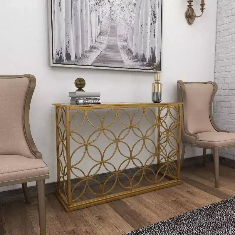 & May Rectangular Traditional Modern Metal Console Table Gold: Elegant Foyer, Entrance, Narrow Design