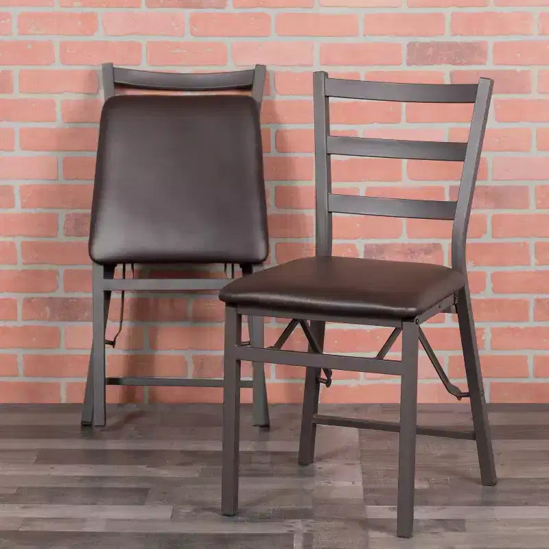 2 Pack Ladder Back Metal Folding Chair with Brown Vinyl Seat
