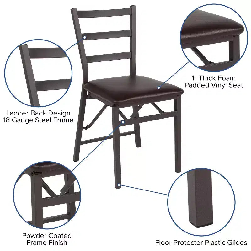2 Pack Ladder Back Metal Folding Chair with Brown Vinyl Seat