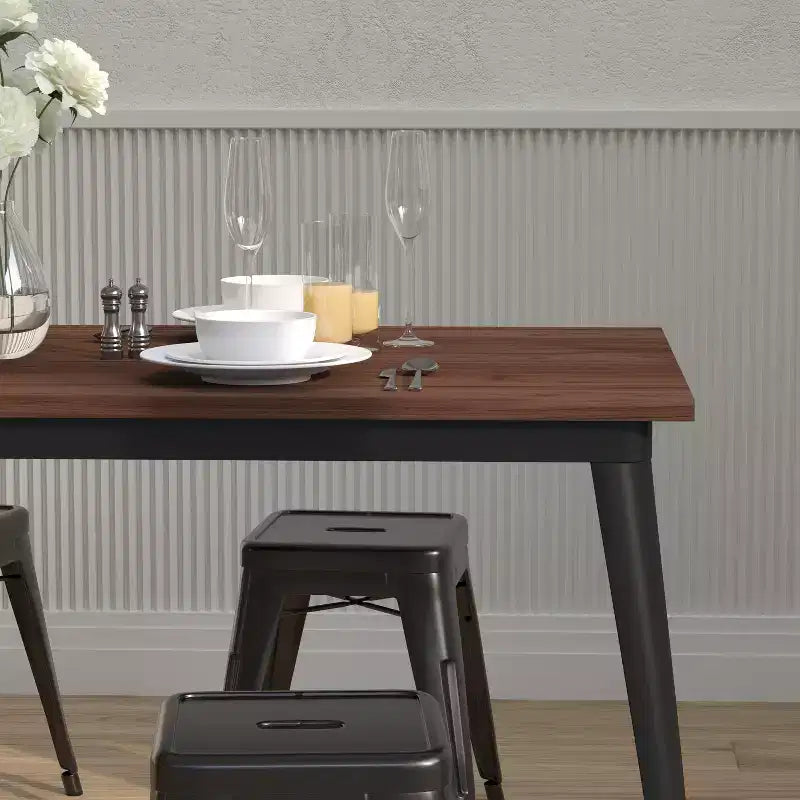 Rectangular Steel Frame Square Table With Wood Top