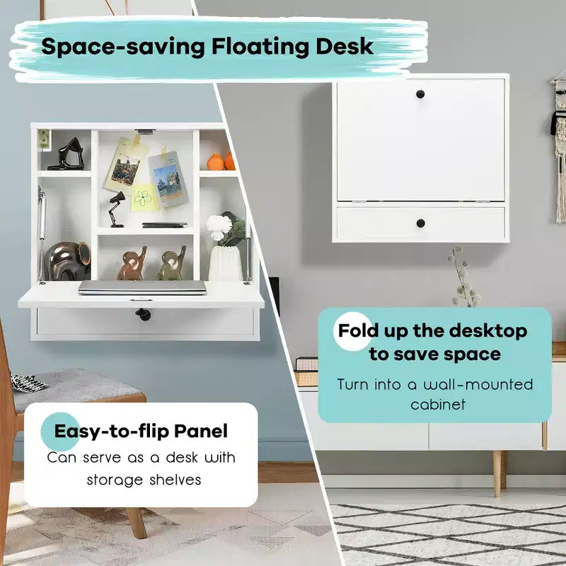 Wall-Mount Floating Desk Foldable Space Saving Laptop Workstation