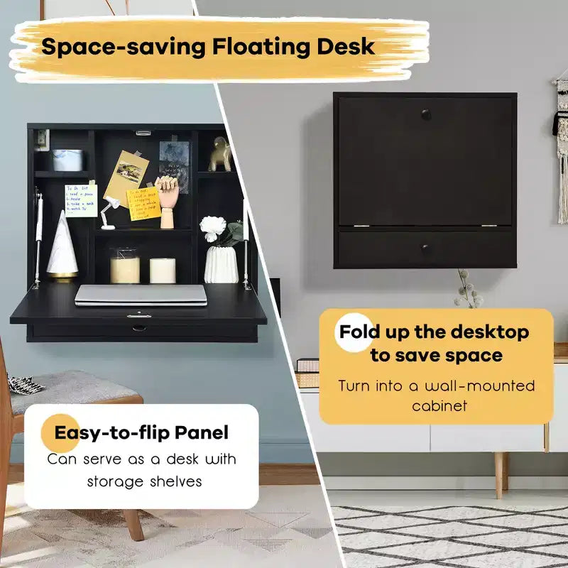 Wall-Mount Floating Desk Foldable Space Saving Laptop Workstation