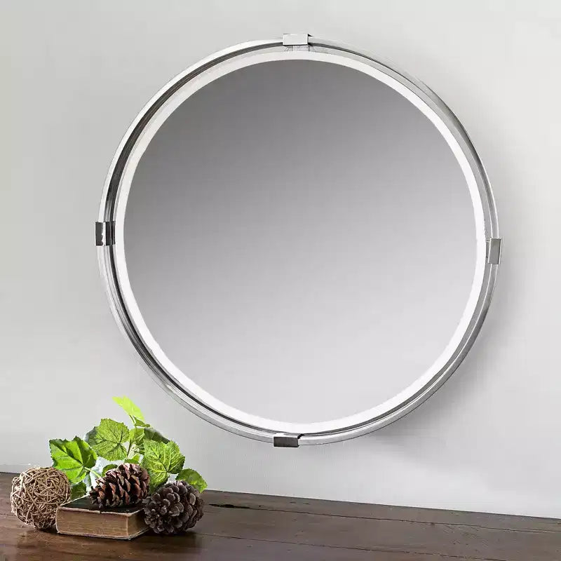 Round Vanity Accent Wall Mirror Modern Beveled Brushed Nickel Metal Frame 29 1/2 Wide for Bathroom Bedroom Living Room
